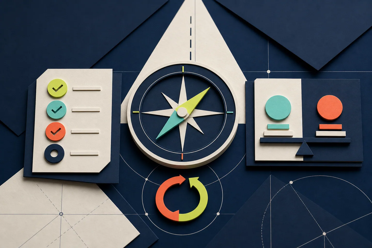 Editorial standards represented by a compass, checks, corrections, and balanced analysis