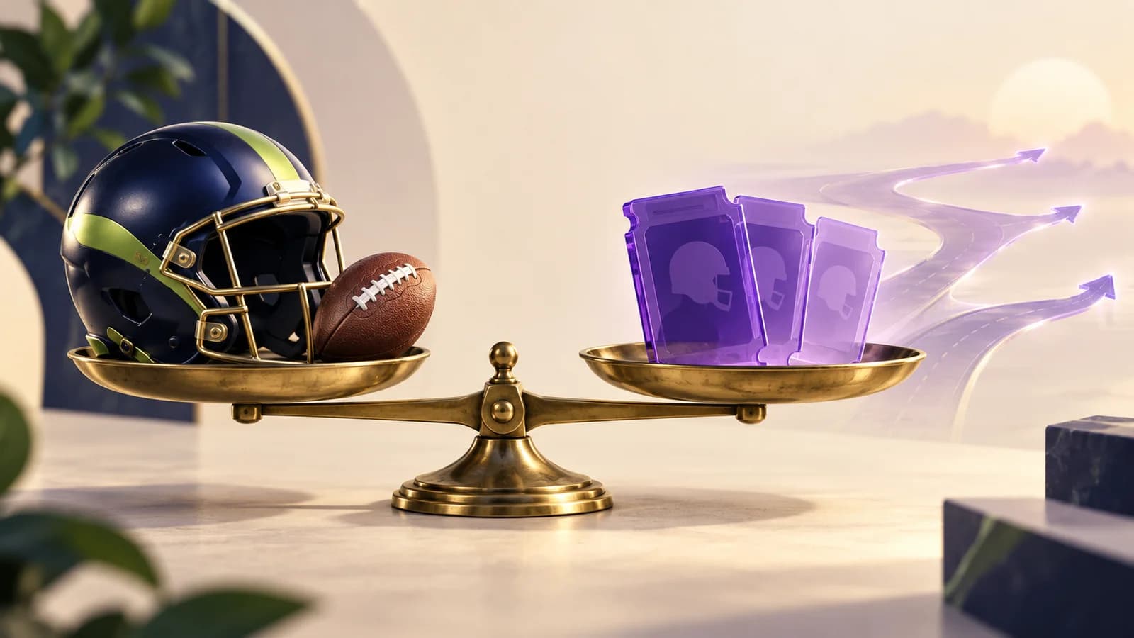 A football helmet balanced against rookie draft tickets and three uncertain future paths