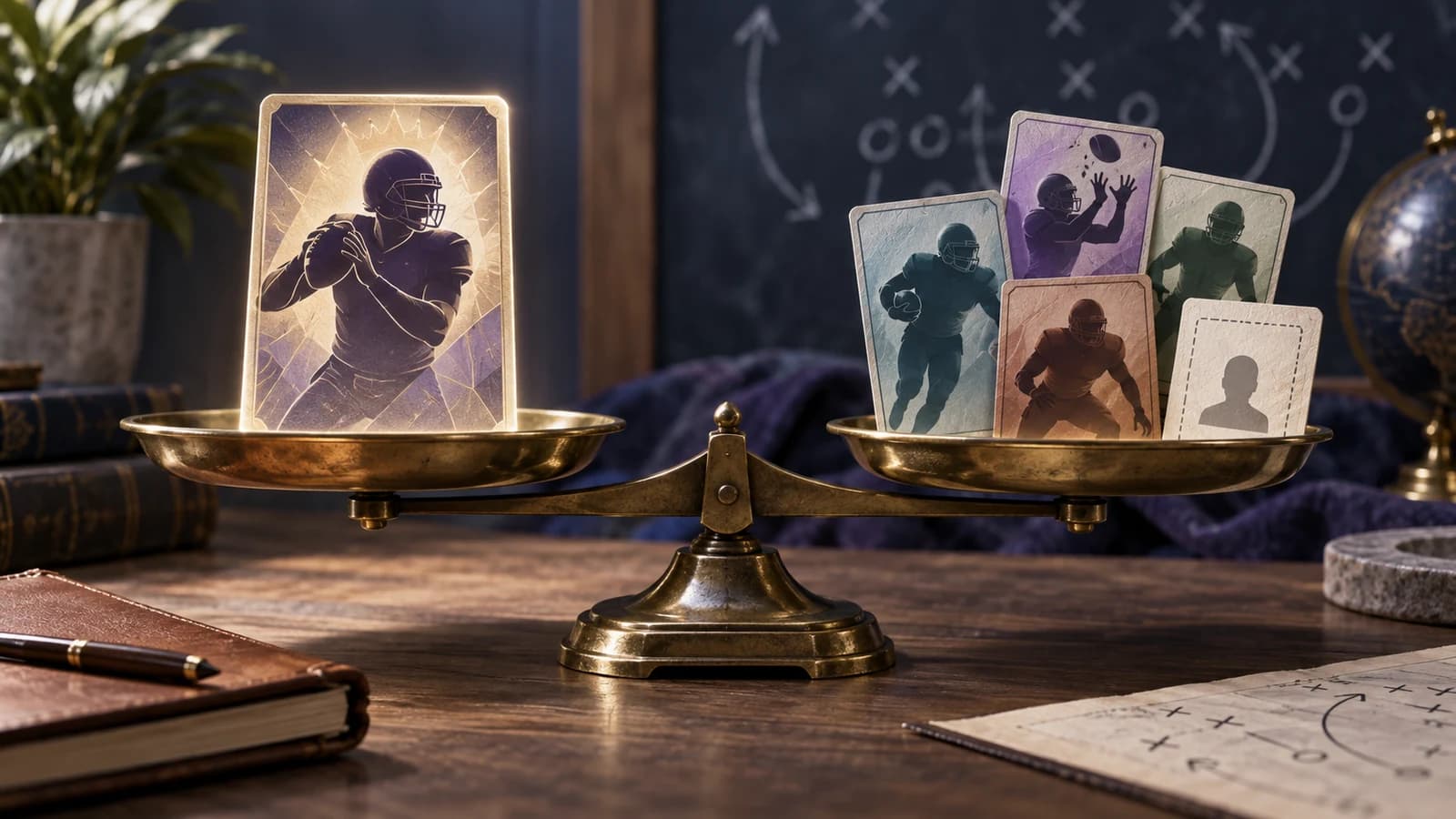 A cornerstone quarterback card balanced against a package of several generic fantasy assets
